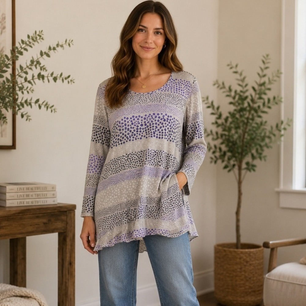 Gudrun Sjoden Polka Dot Stripe Lyocell Tunic Top Grey Purple Women's Medium